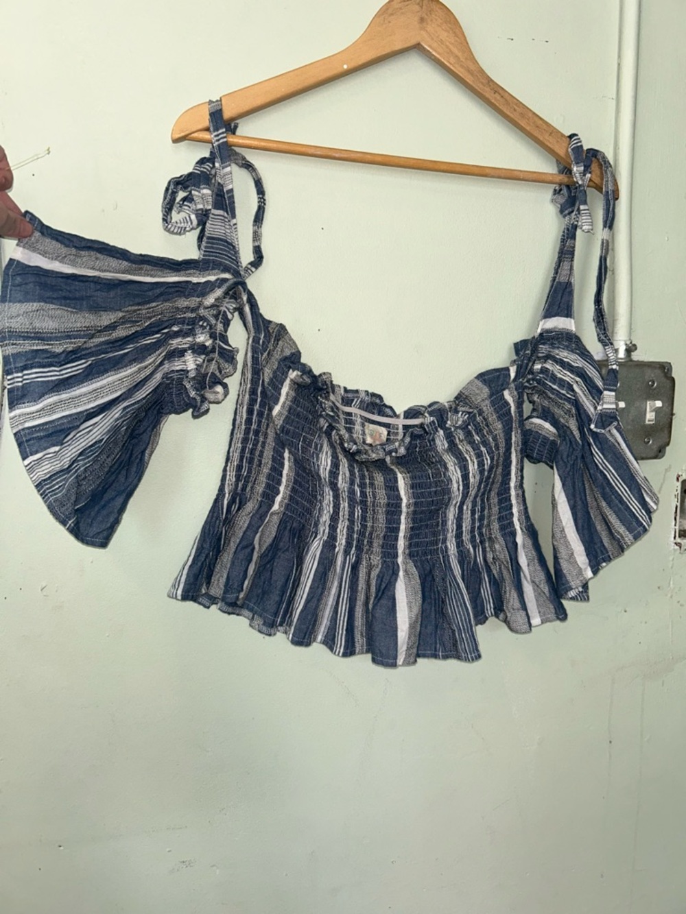 Surf Gypsy Navy and White Striped Off-Shoulder Crop Tank